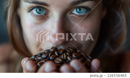 Woman inhaling aroma of coffee beans. 126556465