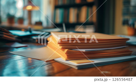 Stacked papers on a warm-lit desk. Stacked papers on a warm-lit desk. 126556487