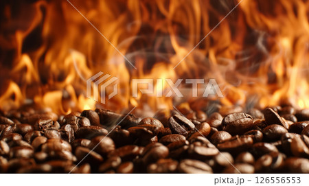 Roasting coffee beans engulfed in flames. 126556553