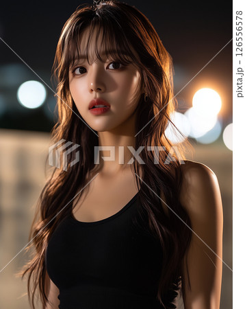 Young Korean woman poses confidently at night with urban lights in the background showcasing a stylish look Young Korean woman poses confidently at night with urban lights in the background showcasing a stylish look 126556578