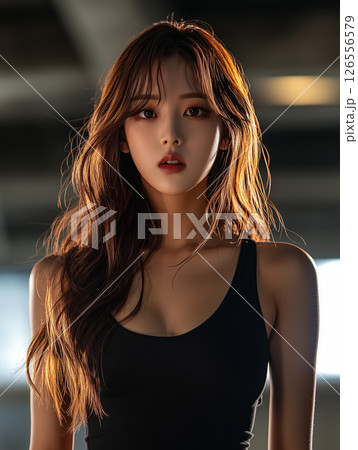Elegant korean woman with long hair posing in a stylish outfit under bright urban lighting 126556579