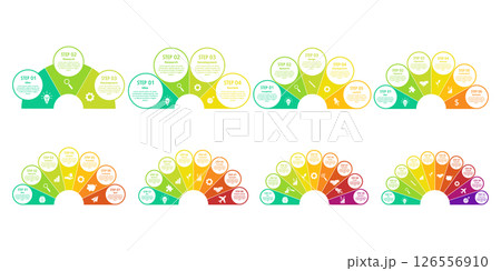 Fan infographic templates. Semicircle diagram, peacock tail chart. Color half-circle fan infographics with multi-step business startup process, teamwork workflow. Vector set 126556910