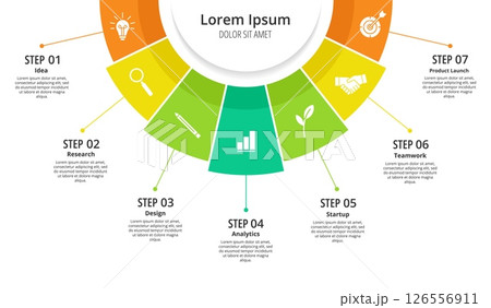 Semicircular pie chart. Round business chart with 7 steps process options, startup workflow. Circular diagram with color segments vector roadmap infographic for planning 126556911