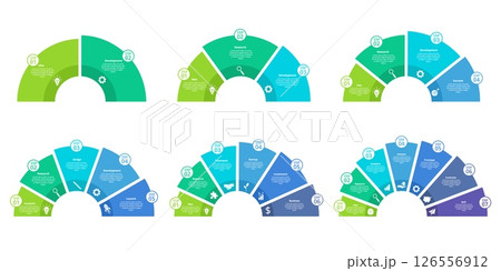 Semicircle steps diagram infographic templates. Round business chart 2 -7 process options, step by step startup workflow. Ring timeline vector infographic for presentation 126556912