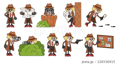 Cartoon detective woman. Spy female with gun, camera and binocular. Comic secret agent in coat spying, tracking suspects, at evidence board. Crime investigation vector set 126556915