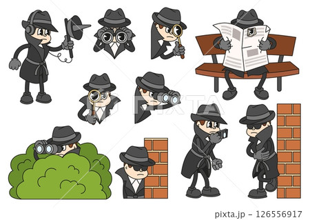 Detective. Cartoon spy character investigating crime, police agent wearing cloak and sunglasses. Private detective, investigator spying, hiding and observing. Vector mascot Detective. Cartoon spy character investigating crime, police agent wearing cloak and sunglasses. Private detective, investigator spying, hiding and observing. Vector mascot 126556917