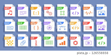 File format icons with various format labels PDF, JPG and MP3, HTML and ZIP, PHP and SVG, EPS and PSD, PNG. Symbols for file types with document extension. Vector set 126556938