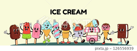 Retro cartoon ice cream banner. Funny ice cream characters, chocolate popsicle and gelato sweet cold dairy and fruity dessert. Cute kawaii mascot for vector poster 126556939
