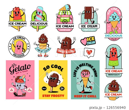 Ice cream branding. Funny ice cream characters, chocolate popsicle and gelato sweet cold dairy and fruity dessert. Retro cartoon cute kawaii mascot vector isolated set 126556940