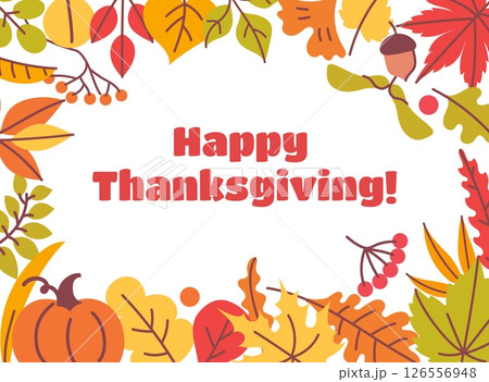 Thanksgiving card. Happy Thanksgiving Day, thanks giving celebration greeting banner with colorful orange autumn leaves, pumpkin and berries. Vector fall background 126556948