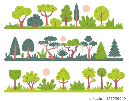 Forest landscape. Green trees, bushes and pine-trees, abstract cartoon summer woodland, plants in wood. Eco and wildlife scenes. Nature outdoor vector forest borders 126556949