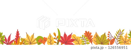 Autumn leaves border. Fall leaves orange, red and green frame, yellow leaf horizontal border for Thanksgiving, fall sale season banner. Colorful foliage vector background 126556951