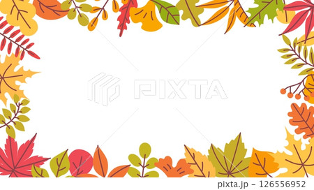 Autumn leaves frame. Fall leaves orange, red and green frame, yellow leaf border for Thanksgiving card, fall sale season banner. Maple and oak foliage vector background Autumn leaves frame. Fall leaves orange, red and green frame, yellow leaf border for Thanksgiving card, fall sale season banner. Maple and oak foliage vector background 126556952