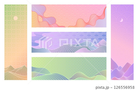 Line art landscape. Minimal mountains and hills with traditional Asian pattern and pastel gradient banner vector templates in Japanese, Chinese and Korean retro style Line art landscape. Minimal mountains and hills with traditional Asian pattern and pastel gradient banner vector templates in Japanese, Chinese and Korean retro style 126556958