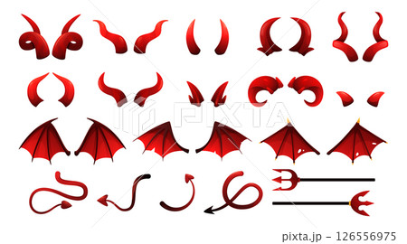 Halloween devil monster costume elements .Red demon horns, spooky bat wings and imp tails, trident of Satan or Lucifer pitchfork. Evil fantasy character attributes cartoon isolated vector illustration 126556975