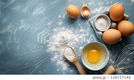 Ingredients for baking on a textured blue surface. Ingredients for baking on a textured blue surface. 126557149