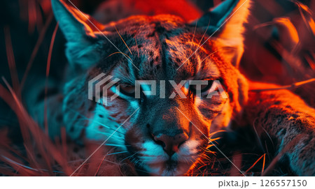 Intense lynx gaze in red-toned wilderness setting. Intense lynx gaze in red-toned wilderness setting. 126557150