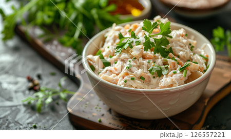 Creamy chicken salad garnished with fresh herbs. 126557221