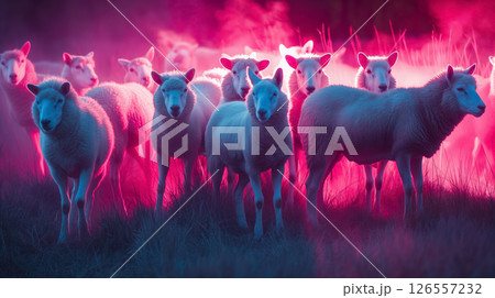 Flock of sheep under neon night light. 126557232