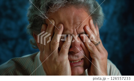 Man in distress holding his face in hands. 126557233
