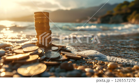 Coins stacked on a pebbly beach at sunset. Coins stacked on a pebbly beach at sunset. 126557270
