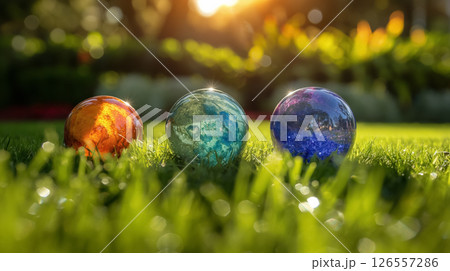 Colorful glass marbles shining on grass. 126557286
