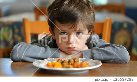 Child eyeing plate of food with dismay. 126557288