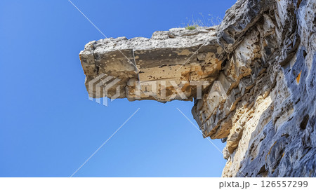 Overhanging rock formation against blue sky. 126557299