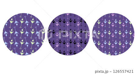Triangular Martini glasses Neon shades Seamless Pattern on purple violet Circle Backdrops Promo Set  126557421