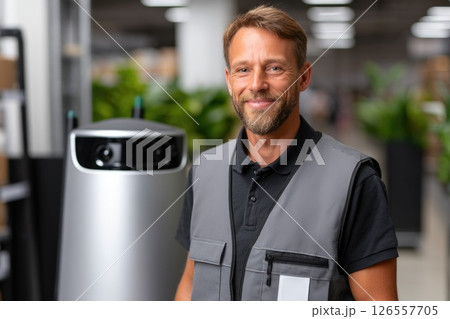 Warehouse Employee Smiling with Automated Robot Warehouse Employee Smiling with Automated Robot 126557705