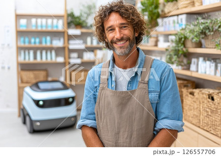 Happy Shopkeeper in Retail Store with Robot Assistant Happy Shopkeeper in Retail Store with Robot Assistant 126557706