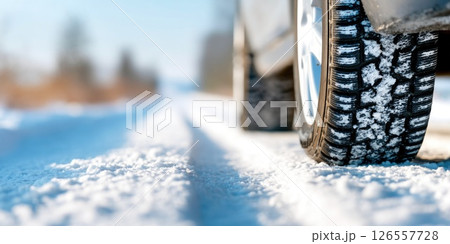 Winter Tire on Snowy Road Close-up Winter Tire on Snowy Road Close-up 126557728