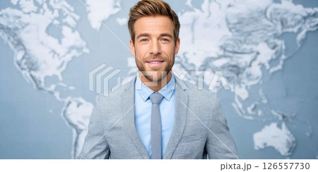 Professional Young Businessman with World Map Background Professional Young Businessman with World Map Background 126557730