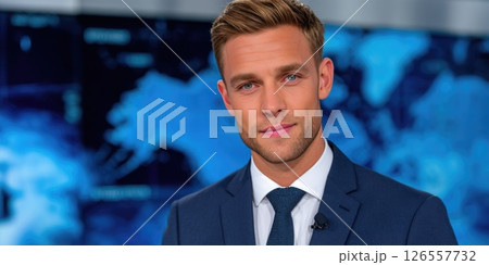 News Anchor Portrait with World News Studio Background 126557732