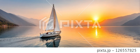 Peaceful Sailing at Sunrise on Calm Waters Peaceful Sailing at Sunrise on Calm Waters 126557825