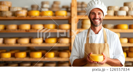 Smiling Cheesemaker Holding Wheel of Cheese in Dairy 126557834