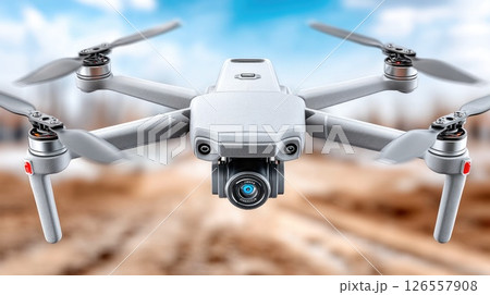 High-tech Drone Flying Close-up with Camera Lens Focus High-tech Drone Flying Close-up with Camera Lens Focus 126557908