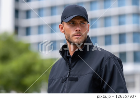 Alert Security Officer Observing Urban Area 126557937