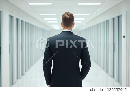 Businessman Walking Down Modern Office Corridor 126557945