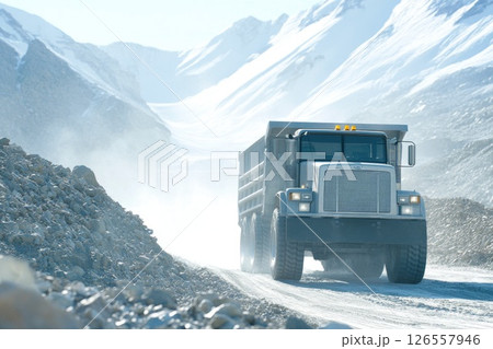 Industrial Truck Operating in Snowy Mountain Quarry Industrial Truck Operating in Snowy Mountain Quarry 126557946