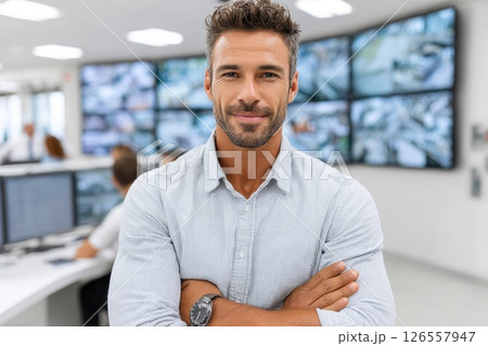 Confident Man Smiling in Security Control Room 126557947