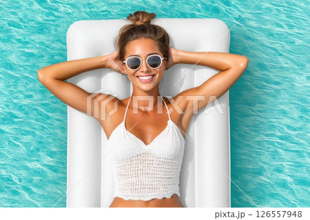 Woman relaxing in pool with white top 126557948