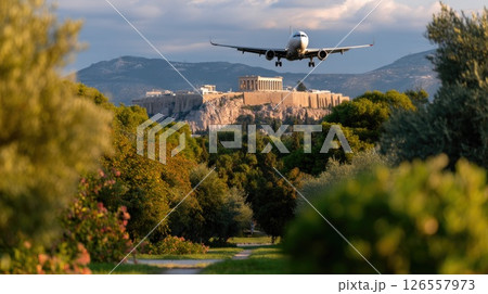 Passenger Plane Approaching Over Athens Acropolis 126557973