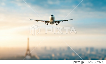 Airplane Approaching Landing over Paris at Sunset Airplane Approaching Landing over Paris at Sunset 126557974