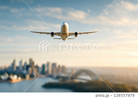Airplane Flying Towards Sydney Skyline at Sunrise 126557979