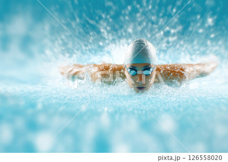 Competitive Swimmer in Butterfly Stroke Action 126558020