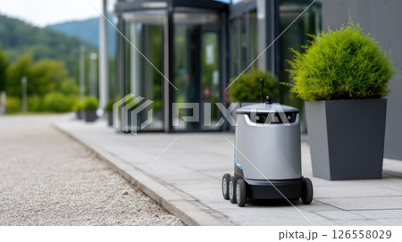 Small Autonomous Courier Robot Waiting Near Entrance 126558029