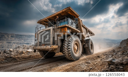 Industrial Dump Truck Operating in Vast Quarry Industrial Dump Truck Operating in Vast Quarry 126558043