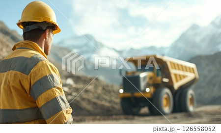 Mining Worker Observing Haul Truck in Quarry Mining Worker Observing Haul Truck in Quarry 126558052