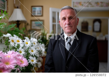 Senior Funeral Director in Flower-Filled Setting Senior Funeral Director in Flower-Filled Setting 126558072